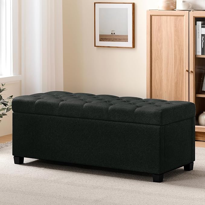 Living&Giving Storage Ottoman Bench for Bedroom, 47.2", Black | 47.2-inch storage ottoman with safety hinge, tufted upholstered seat and spacious hidden storage for everyday organization.