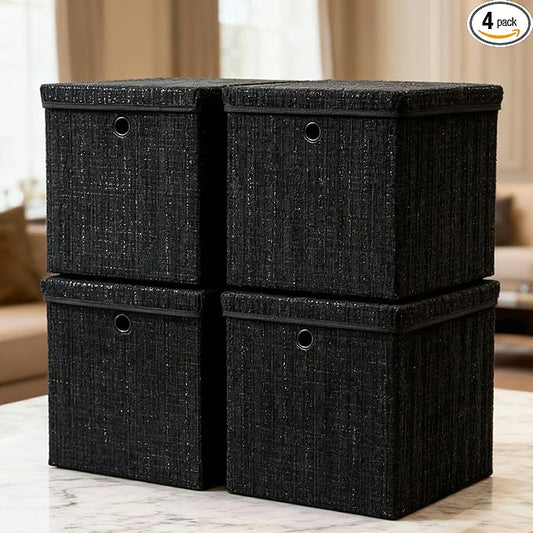 modscape 12x12x12 Collapsible Fabric Cube Storage Bins with Lids | Clothes storage bins for shelves, closet, bedroom. Decorative boxes with lids, treasure box for classroom(Shining Black, 4)