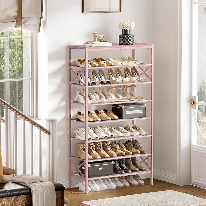 8 Tier Metal Shoe Rack with Wood Top, 24-32 Pairs Pink | 52in tall maximizes vertical space. 2 iron sheets for heels. Remove a layer for tall boots. Versatile for home.
