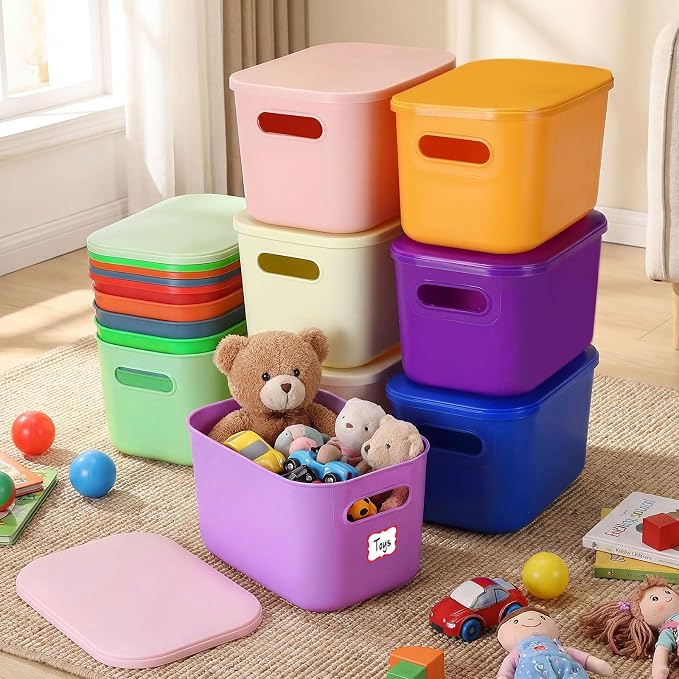 Thyle 12 Pack Richly Colorful Plastic Storage Bins with Lids 7 Quart Toy Storage Box Stackable Nestable Organizer Boxes with Handle and Labels for Classroom Shelf Bedroom Desktop Toys School Supplies