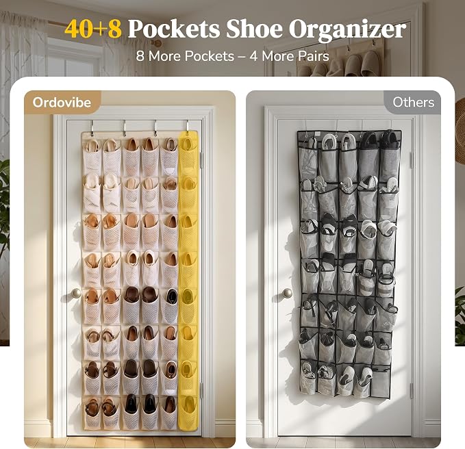 48 Pockets Over the Door Shoe Organizer, Large Mesh Hanging Shoe Rack, 6-Column Heavy Duty Shoe Storage for Sneakers and Heels, Behind Door Holder for Entryway Bedroom Dorm College, Beige