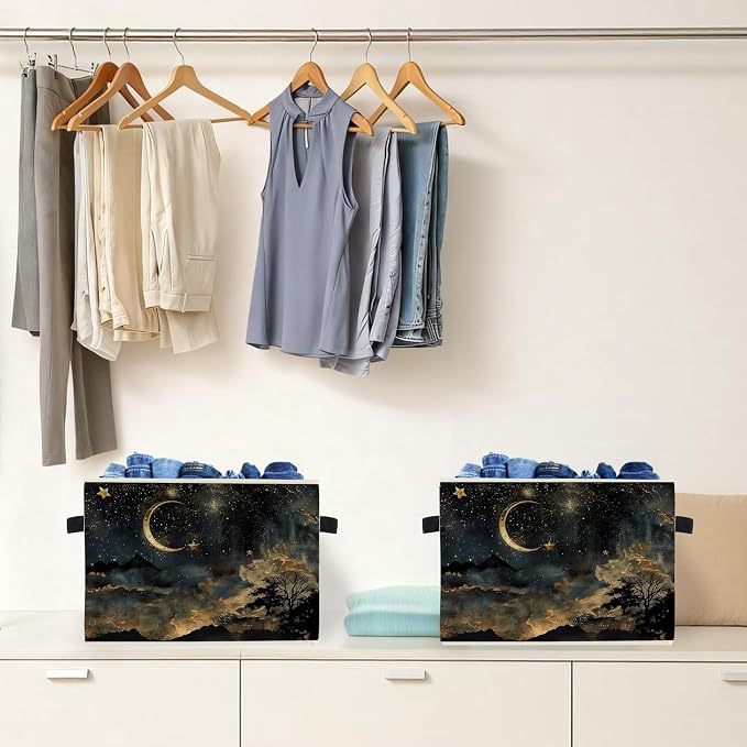 Mystical Crescent Moon Star Celestial Storage Box Bins, Moody Starry Night Sky Collapsible Storage Basket Organizer for Bedroom Laundry Room Home Clothes Books, Decor for Room
