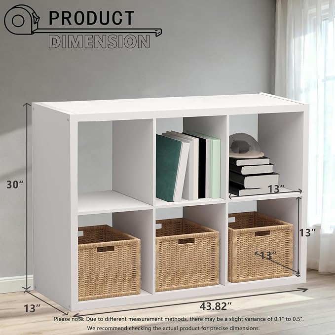 CTESNE【Wooden Thick Frame】 6 Cube Storage Organizer Shelf with Anti-Tipping Kits + Reversible Open Back Bookcase, Horizontal and Vertical Dual-use Standing Bookshelf（White,13inch）