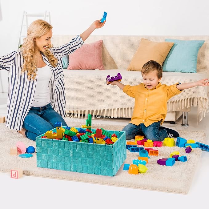 Storage Baskets with Lids: 6 Pack Stackable Woven Storage Bins, Aqua | Decorative Woven Baskets for Organizing with Built-In Handles for Shelves, Closets, Cabinets and Cubbies, Gift Small Basket