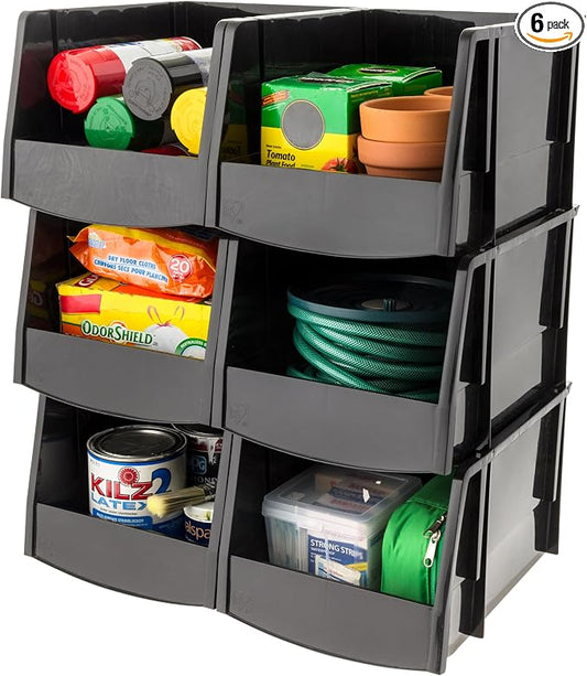 IRIS USA 6-Pack, Extra Large Stackable Storage Bins, Black | Organize small parts, hardware, craft supplies, pantry items, and household essentials with open-front access, stackable bins