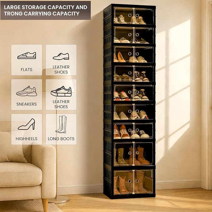 Foldable Shoe Organizer Storage Box Set of 2, Portable Extra Large Folding Shoe Rack for Closet, Shoe Storage Box with Magnetic Transparent Door and Wheels, 9 Layers 18 Grids with 4 Big Grids