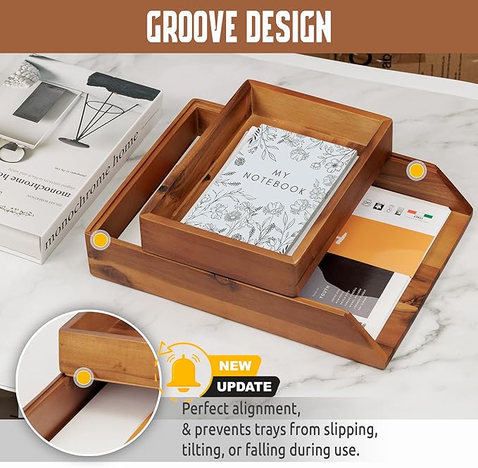DEMIGO Desk Organizer Letter Tray Set of 2, Natural Acacia Wood Paper Tray | Wooden Tabletop Holder for Files, Folders, Notebooks & Documents, Workspace Stationery Storage Saver