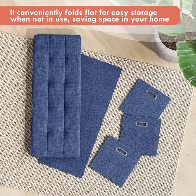 Ornavo Home 40 Inch Storage Ottoman with 3 Drawers, Tufted Linen, Navy Blue | Foldable Large Bench Design; Foot Rest Stool Seat; Ideal for Living Room, Bedroom or Entryway