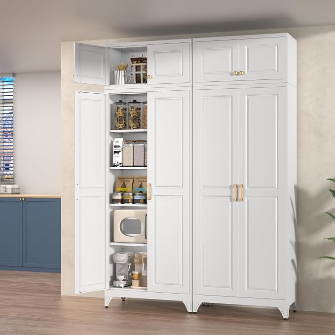 Polup 90" Pantry Cabinet, Tall Metal Storage Cabinet with Doors and Shelves | White Kitchen Cabinet, 5 Adjustable Shelving, Heavy-Duty, 2 Gold Handles, 4 Standing Feet, for Dining Room Garage & Laundry