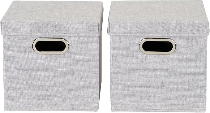Household Essentials 804-1 Café Cube Bin Storage Set with Lids and Handles | 2 Pack | Silver Linen