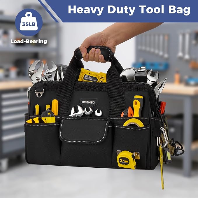 16-Inch Heavy Duty Tool Bag, 22 Pockets Empty Tool Box Organizer Storage, Soft Tote Toolbox Organization Portable Handle Carrying Work Toolbag for Electrician Mechanic, Dad Men Gifts, Black