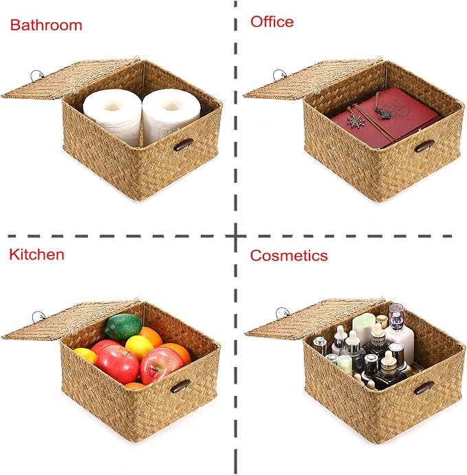 Hipiwe Handwoven Wicker Shelf Basket Bin with Lid Decorative Baskets Box | Multipurpose Seagrass Baskets Organizer, Square Household Storage Basket for Shelf Living Room Bathroom, Small Caramel