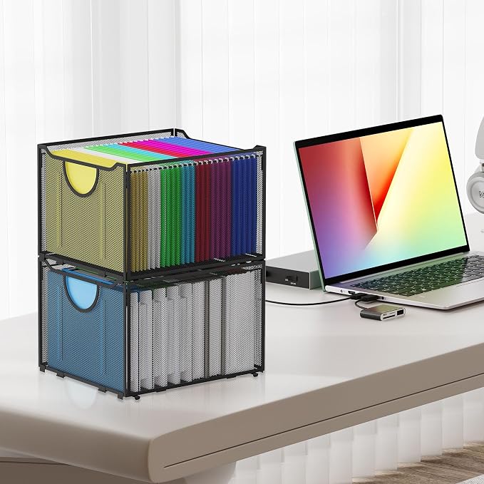 EasyPAG Hanging File Folders Organizer, Black Mesh Filing Crate, Stackable File Folder Storage Box, Desktop Document Holder for Letter Size Papers