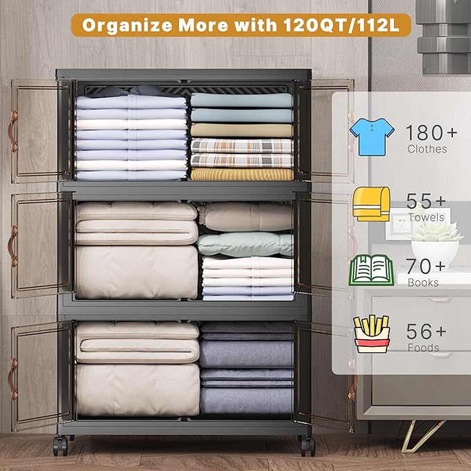 Stackable Storage Bins with Lids, 360QT Closet Organizers and Storage Cabinet with Doors & Wheels, Lockable Plastic Foldable Drawers for Bedroom Dorm Office Garage（120QT*3,Black）
