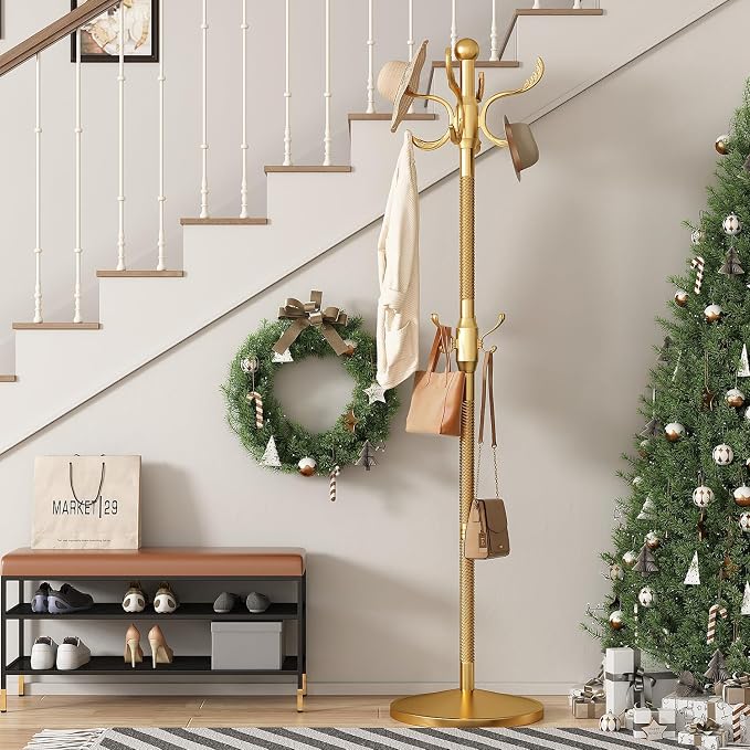 Metal Coat Rack Stand Coat Rack Freestanding with 12 Hooks,Gold | Sturdy Heavy Duty Modern Coats Tree for Bags Clothes Hall Tree Hats Hanger Holder Stand for Entryway Bedroom Hallway Office