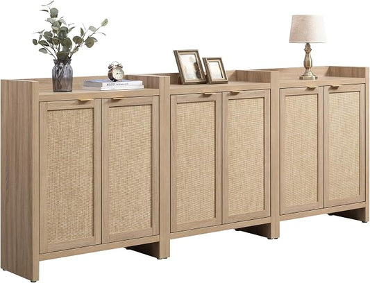 SICOTAS Shoe Cabinet Set of 3 Large Capacity Shoe Storage Organizer Cabinet | Tall Rattan Shoe Cabinet with Doors and Shelves, 6-Tier Farmhouse Boho Wooden Storage Cabinet for Entryway, Light Oak