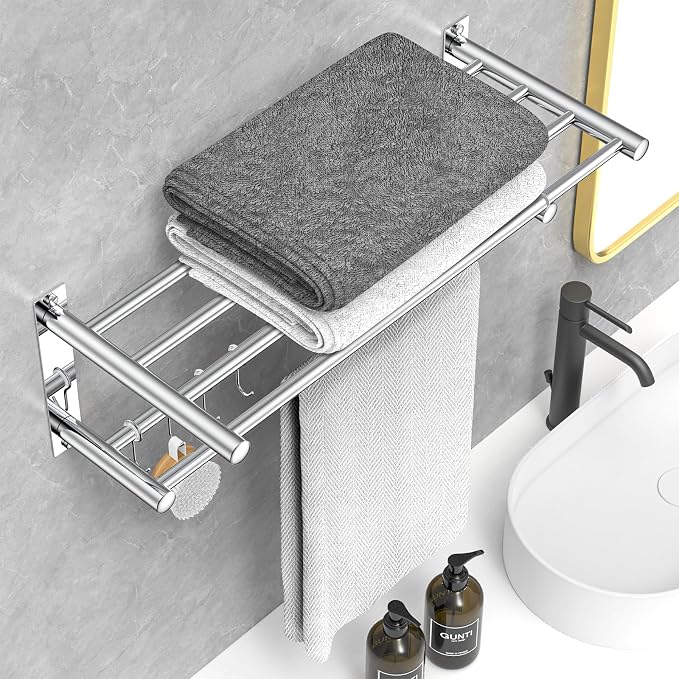 CAXIMSY Adjustable Towel Bar for Bathroom Wall Mount17-30.7inch Adhesive Shower Towel Rack Stainless Steel Bath Towel Holders for Toilet Kitchen Double Towel Hanger (Mobile Hook Towel Rack)