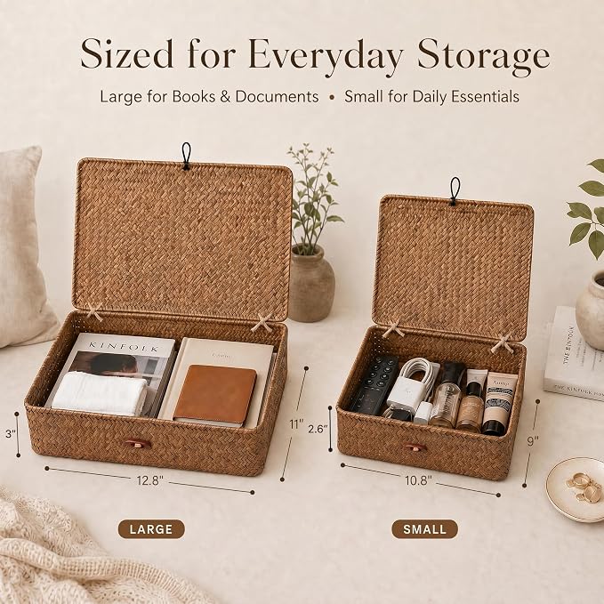 YANGQIHOME Set of 2 Seagrass Baskets with Lids, Rectangular Woven Storage Baskets, Natural Wicker Basket Boxes for Coffee Table, Shelf, Bathroom Counter & Closet Decor (Coffee, Set of 2)
