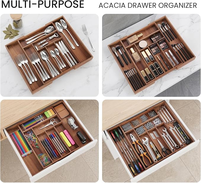 Fibogollo Expandable Large Acacia Wood Silverware Organizer，6-8 Slots | Adjustable Drawer Organizer,Flatware and Utensils Organizer Tray,Utensil Holder（16.9-22.2 x 13.4 x 2 inch）