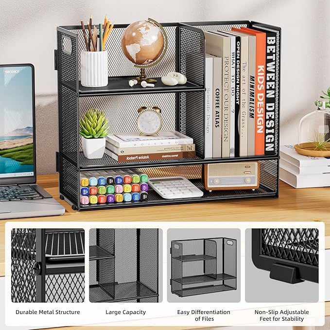 Marbrasse Desk Shelf Organizer with Handle, Bookshelf File Holder, Black | 3-Tier Desktop Mesh Display Shelf Organizer Storage Rack for Office, Home, Supplies, Kitchen