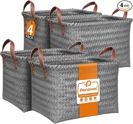 Wicker Storage Baskets, 4 Pack Woven Baskets for Shelves, Grey | PP Rattan, Water-resistant Wicker Basket, Large Baskets with Faux Leather Handles for Blanket, Laundry Organizer, Room Decor