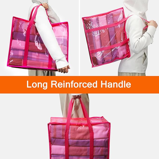 Vieshful Pink 40L Clear Clothes Storage Bag with Zipper 5 Pack | Colorful Clothes Organizer Vinyl Storage Bag for Comforter, Blanket, Bedding, Duvet, Transparent Moving Totes