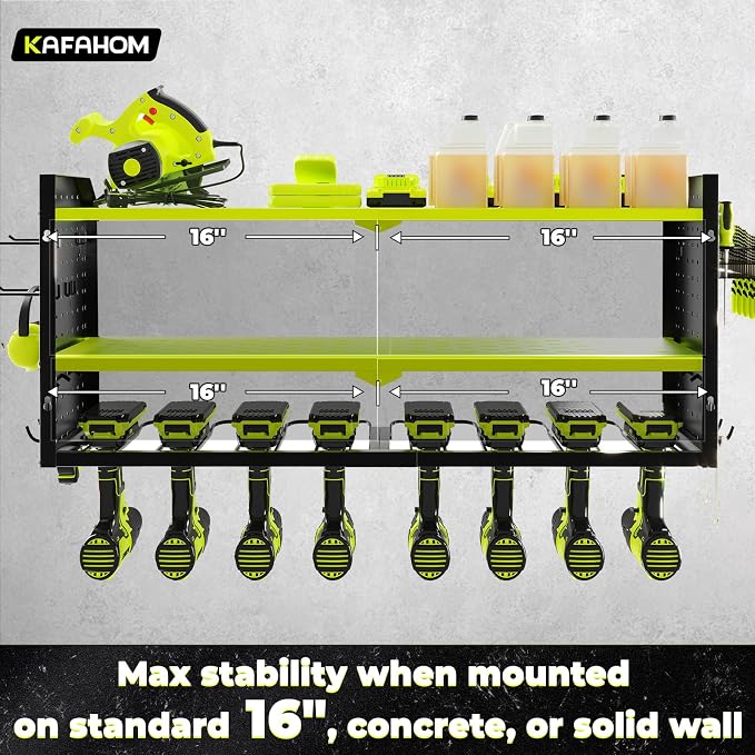 Power Tool Organizer with Charging Station, Built in 8 Outlet Power Strip,Large 8 Drill Holder Wall Mount, Heavy Duty Metal Power Tool Storage Rack Tool Shelf for Garage Organization