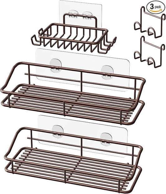 Nieifi Shower Caddy Shelf with Hooks Storage Rack Organizer Adhesive Stainless Steel without Drilling for Bathroom, Lavatory, Washroom, Restroom, Shower, Toilet, Kitchen (Brown, 3 Pack)