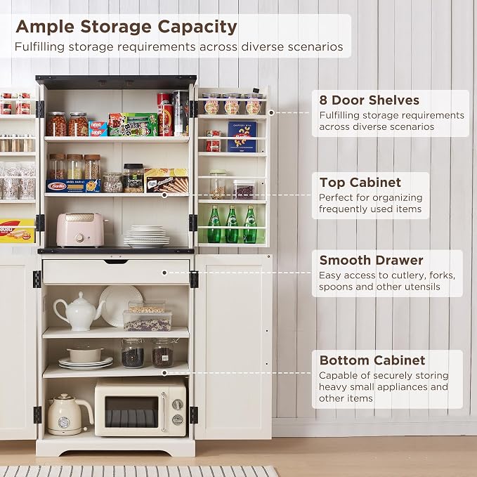 72" Tall Wooden Pantry Storage Cabinet with Door Shelves & Drawer | Farmhouse, Barn Doors, Adjustable Shelves, Freestanding, Anti-tip Kit, for Kitchen, Dining Room, Living Room