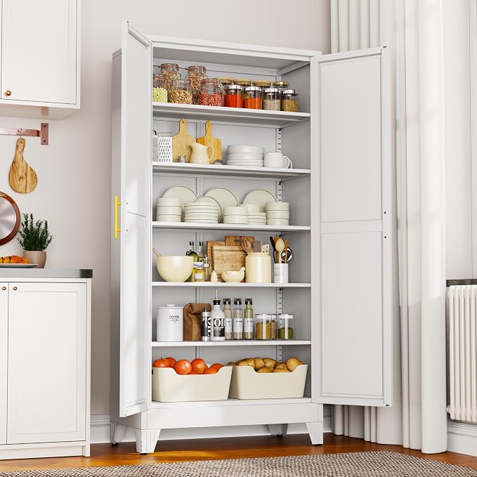 PAOFIN 75" Metal Kitchen Pantry Cabinet,White Storage Cabinet with Doors and 5 Adjustable Shelves, Cabinet with 2 Metal Handles,Tall Cabinet for Livingroom,Pantry, Bathroom,Kitchen