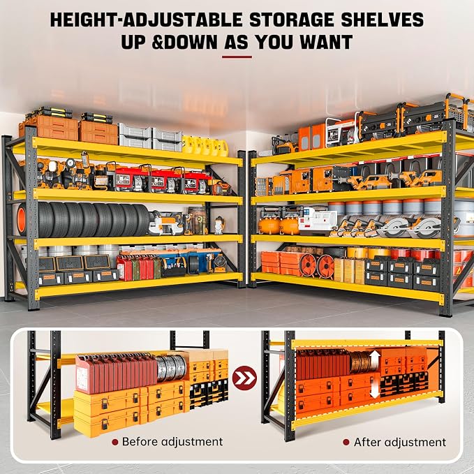RAVIGIN 5000LBS Storage Shelves,60" W Garage Shelving Heavy Duty Metal Adjustable Garage Shelves, Shelving Units Industrial Shelving for Warehouse,60" W x 24" D x 70" H,Yellow