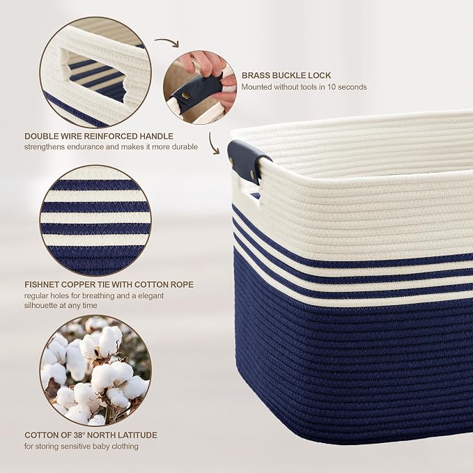 86L Large Woven Laundry Basket Hamper with Leather Handles,Navy | collapsible wicker hamper, storage for dirty clothes, toys, blankets, gifts, living room, bedroom, bathroom, 24"x16"x14"