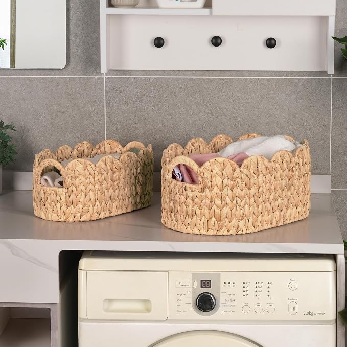 iEGrow Scalloped Wicker Basket, Set of 2 Hand-Woven Natural Rattan Baskets with Built-in Handles, Water Hyacinth Storage Oval Cute Baby Baskets for Nursery, Organizing, Decor and Shelves
