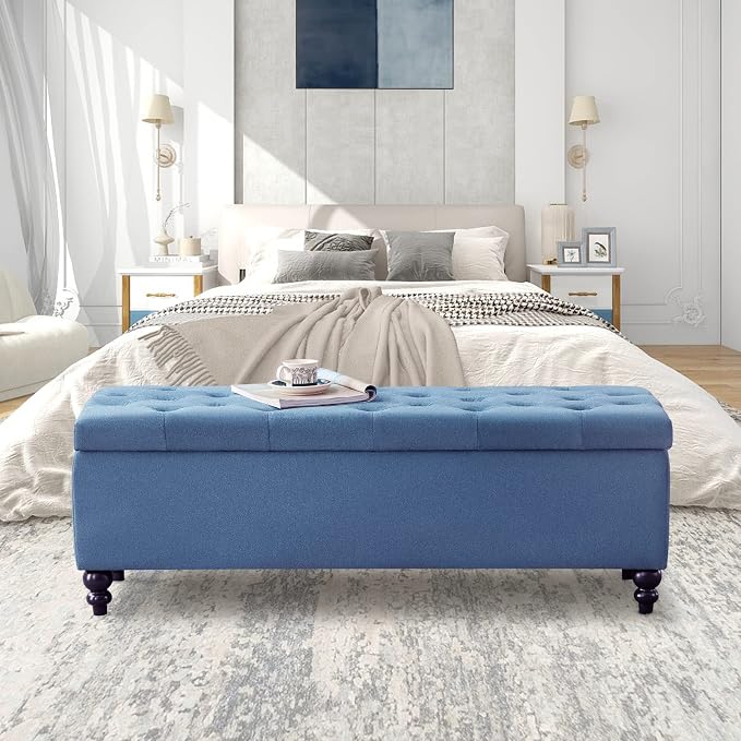 Storage Ottoman 50.2 Inches Upholstered Fabric Storage Ottoman Bench，Button Tufted Ottoman with Storage for Living Room，Bedroom End of Bed Bench Withstands 302lbs (Blue) | 47.2-inch storage ottoman with safety hinge, tufted upholstered seat and spaciou...
