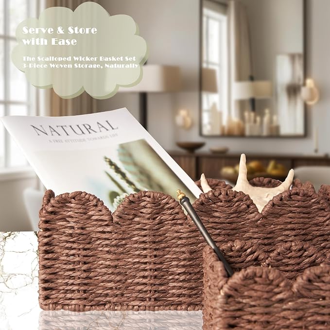 Scalloped Wicker Basket Set of 3, Hand-Woven Storage with Handles | set of 3 brown scalloped baskets with handles. Hand-woven paper rope for shelves, bathroom or closet. Stackable, sturdy.