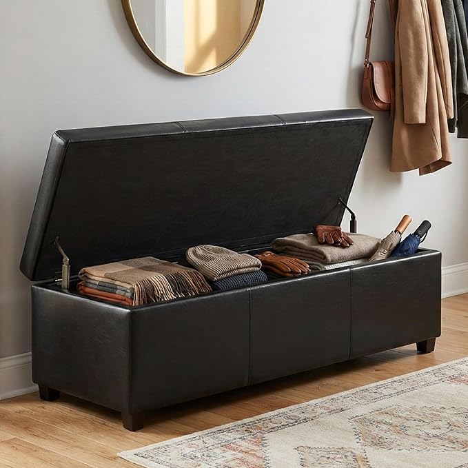 SIMPLIHOME Castleford 48" Wide Linen Look Fabric Storage Ottoman in Grey | Contemporary lift-top ottoman with high-density foam; rectangle storage bench or coffee table for living room or entryway.