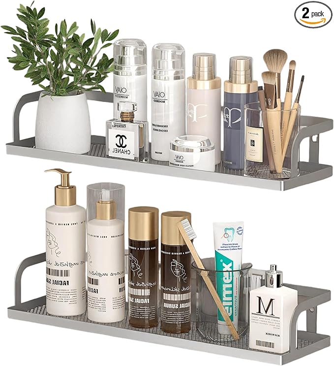 PUSDON 2-Pack 16.5" Extra Long Slim Hollowout Shower Caddy, Wall Mount Spice Rack & Bathroom Organizer, Mesh Bottom Cabinet Door Shelf Holds 50LBS - Silver Gray, Hollowout