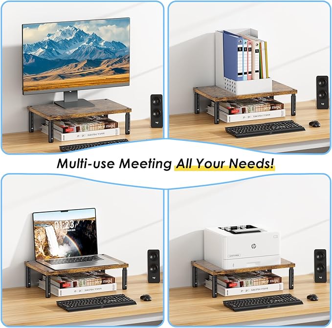 ECOLOVI Adjustable Wood Computer Monitor Stand Riser, Office Desk Organizer and Accessories for Monitor, Laptop, PC, Printer, Office Desk Accessories Workspace Organizer for Home Office Supplies, Brown