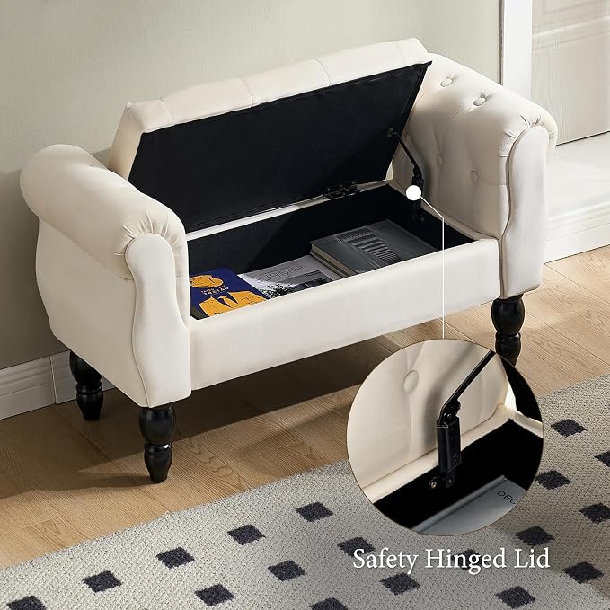 Storage Bench with Arms End of Bed Bench,Velvet Entryway Bench with Storage, Button Tufted Upholstered Ottoman Bench Wood Legs, Window Sitting Bench for Bedroom/Living Room/Hallway, Cream
