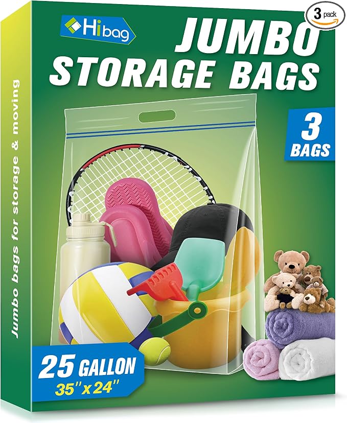 HIBAG 25 Gallon Jumbo Storage Bags, 35” x 24” Resealable Clear Bags with Handle, Extra Large XL Heavy Duty for Clothes Pillow Travel Moving, Pack of 3 | XL Big Gaint, 35” x 24”, with Handle, Double Lock, for Clothes Travel Moving, Heavy Duty Zip, Clear...