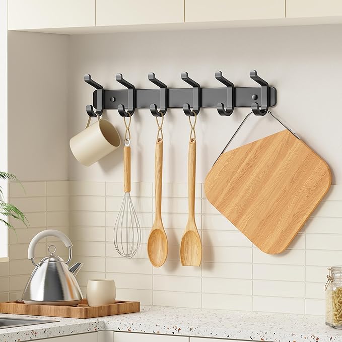 pickpiff Coat Rack Wall Mounted Heavy-Duty: Metal Coat Hanger 6 Hooks for Hanging Hat, Clothes, Robe, Keys, Backpack, Bathroom Towels, Jacket, Purse - Closet, Door, Entryway, Mudroom (Black, 2 Pack)