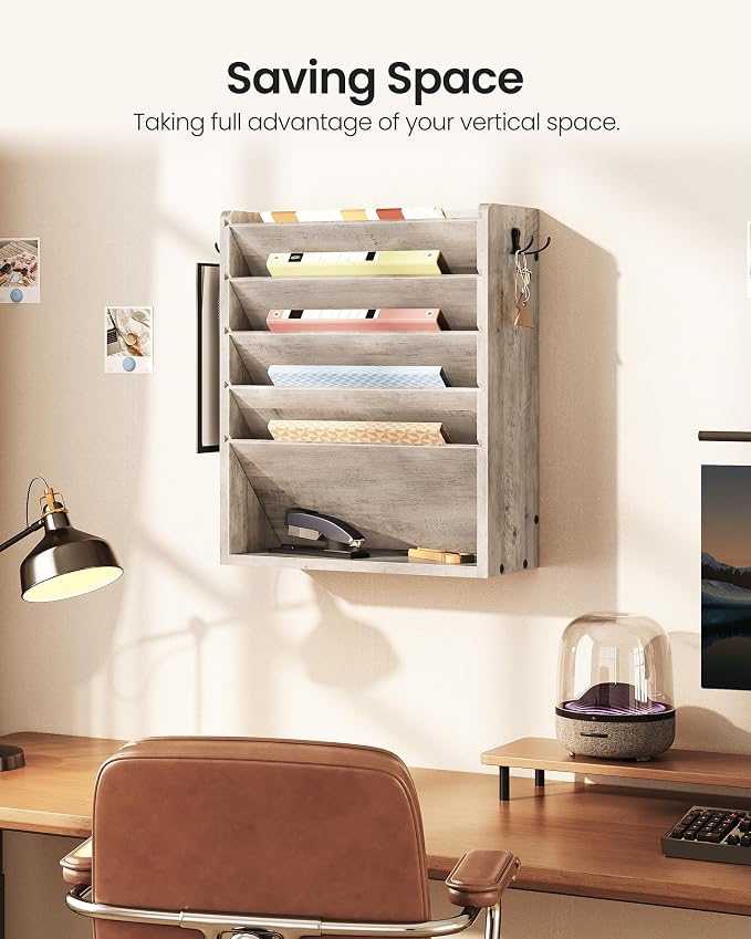 CHOEZON Wall File Organizer, 6-Tier Vertical Mount Hanging Holder with 2 Side Hooks, Modern Wooden Magazine Storage Holder with Bottom Tray, Desk Organizer, for Office, Home, Greige MWJ01FH