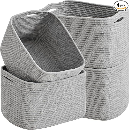 ICERZCZ Woven Cotton Rope Storage Baskets for Organizing & Shelves, Organization Bins for Dog Toys, Clothes, Books, Nursery Organizer, 15"x11"x9", Grey (4 Packs)