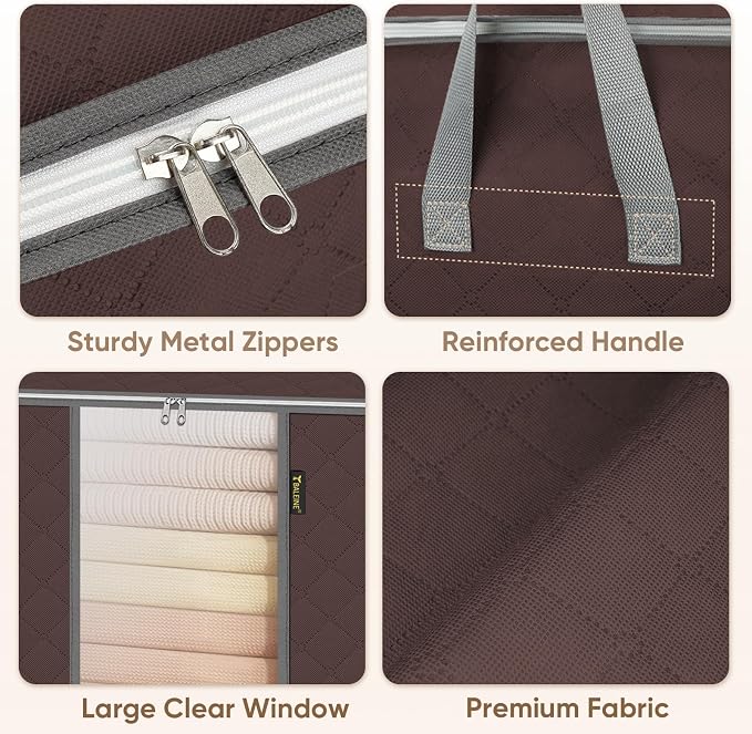 BALEINE 4 Pack Clothes Storage Bags, 16 Gallon Storage Containers with Reinforced Handle, Sturdy Zipper, Closet Organizer for Blanket, Comforter, Pillow, Bedding (Brown, 4 Pack)