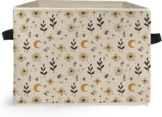 Boho Witchy Moon Floral Storage Box Bins, Beige Rustic Flower Botanical Collapsible Storage Basket Organizer for Bedroom Laundry Room Home Clothes Books, Decor for Room