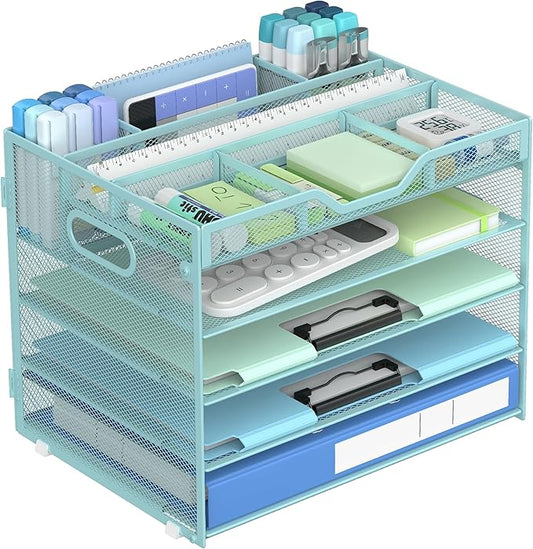 Docnest 5 Tier Mesh Desk Organizer with Removable Tray&Pen Holder, Blue | Features 3 detachable pen holders and 4 removable dividers.Versatile mesh desktop storage for mail, document,office supplie