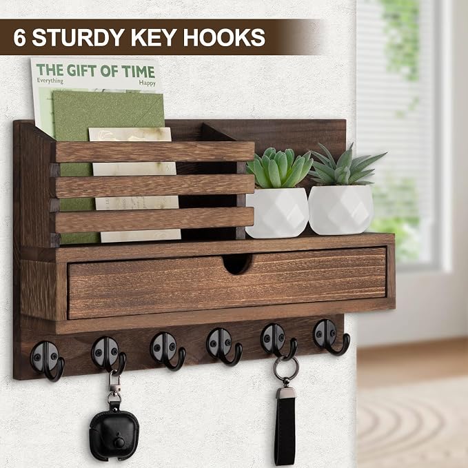 Key Holder Wall Mount, Mail Holder with Storage Drawer and 6 Key Hooks for Coat, Dog Leash, Home Decor Rack, House Accessories, Entry Way Organizer