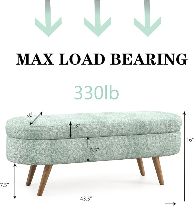 43.5" Ottoman with Storage, Storage Ottoman Bench with Safety Hinge, Foam End of Bed Bench, Upholstered Entryway Bench for Bedroom, Living Room & Window, Holds up to 330 lb, Cyan