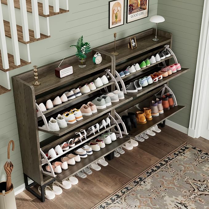 GRUSIGN Shoe Cabinet, Shoe Storage Cabinet with 2 Flip Drawers & Adjustable Shelf, Space-Saving Shoe Organizer – Holds 16+ Pairs, Narrow Shoe Cabinet Storage for Entryway/Hallway（Grey）