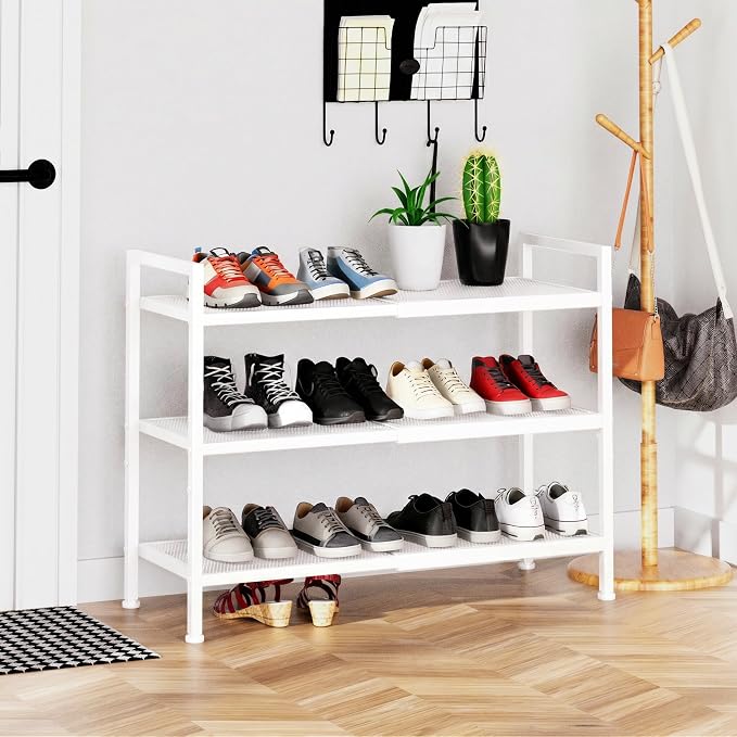 Shoe Rack, Expandable Shoe Rack for Closet, Adjustable Shoe Organizer for Entryway, Shoe Storage Organizer for Door Entrance, Garage, Bedroom (White, 3-Tier)